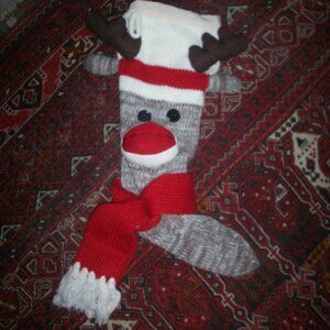 Sock Monkey Christmas Stocking Reindeer Red Striped Hat Antlers Cotton Lined